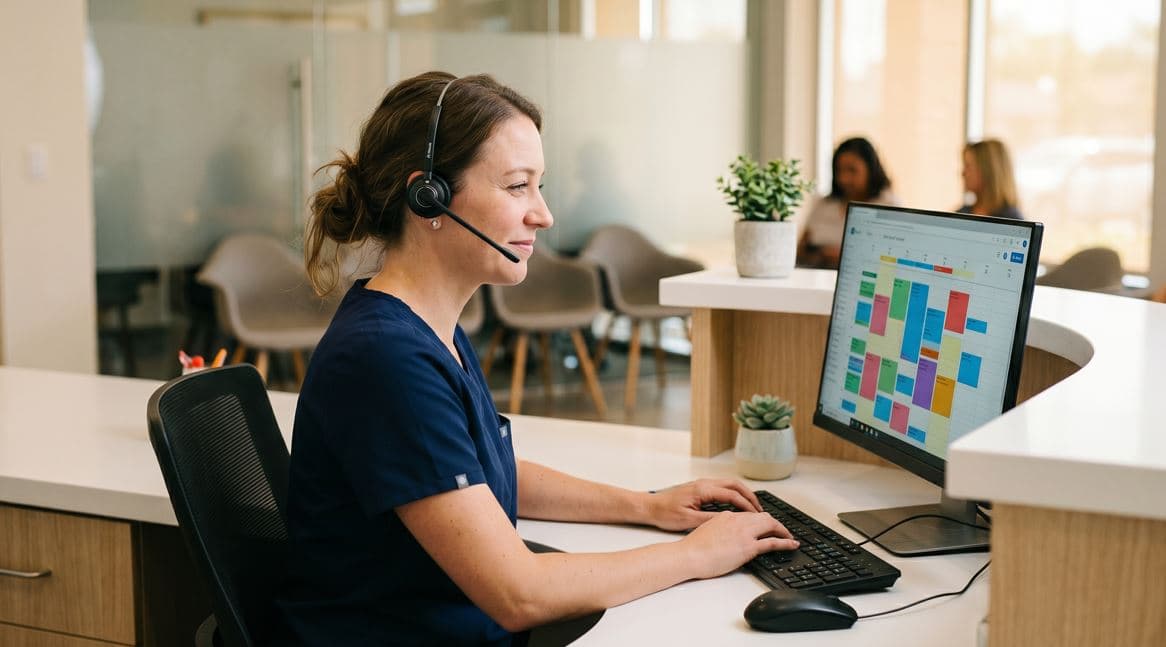 Dental front desk scene showing missed call voicemail and AI system answering patient calls on computer screen interface
