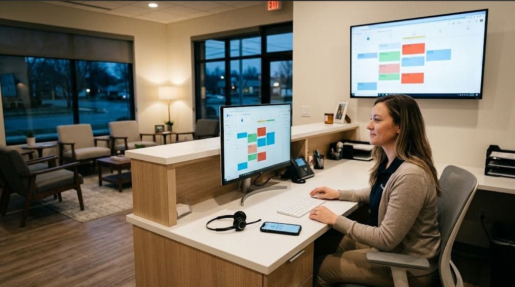 Dental front desk with AI screen showing 24/7 appointment booking as patient schedules visit on smartphone beside staff