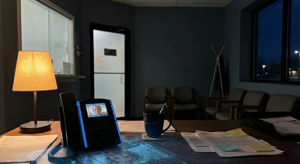 AI-powered dental virtual receptionist answering patient calls on a computer screen while a calm dental office works smoothly