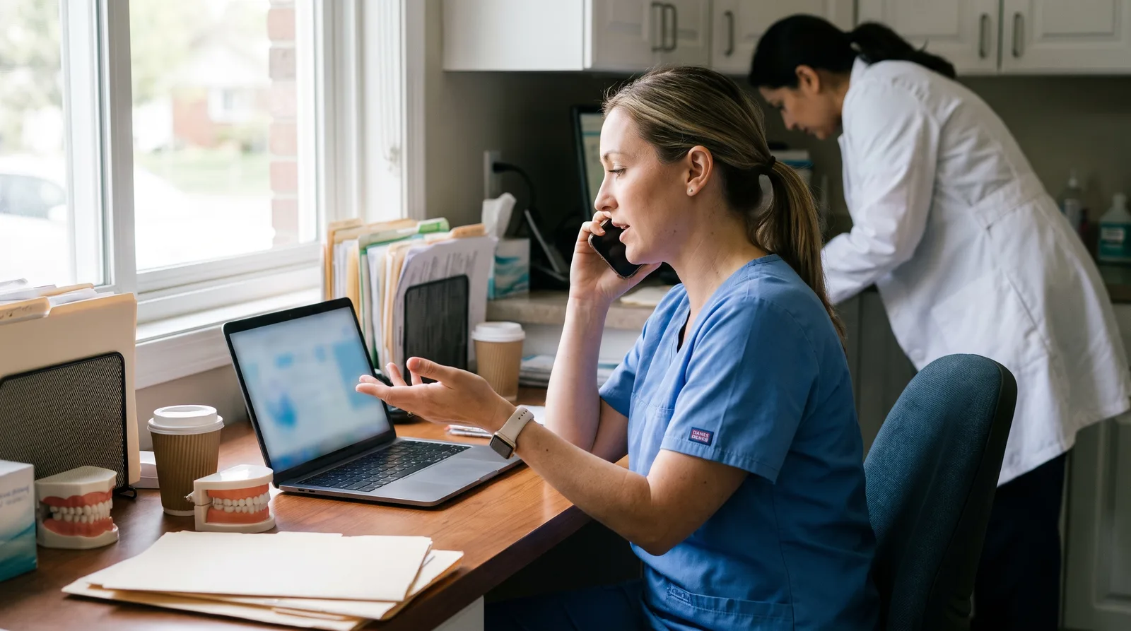 Dental office coordinator answering post operative dental patient calls with an aftercare sheet at the front desk