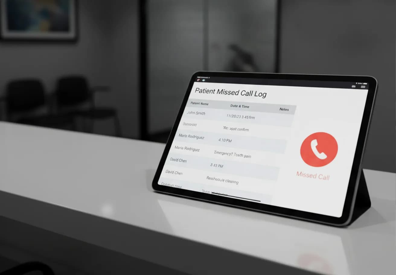 Dental office front desk with ringing phone answered by AI assistant on screen, showing missed call prevention and patient