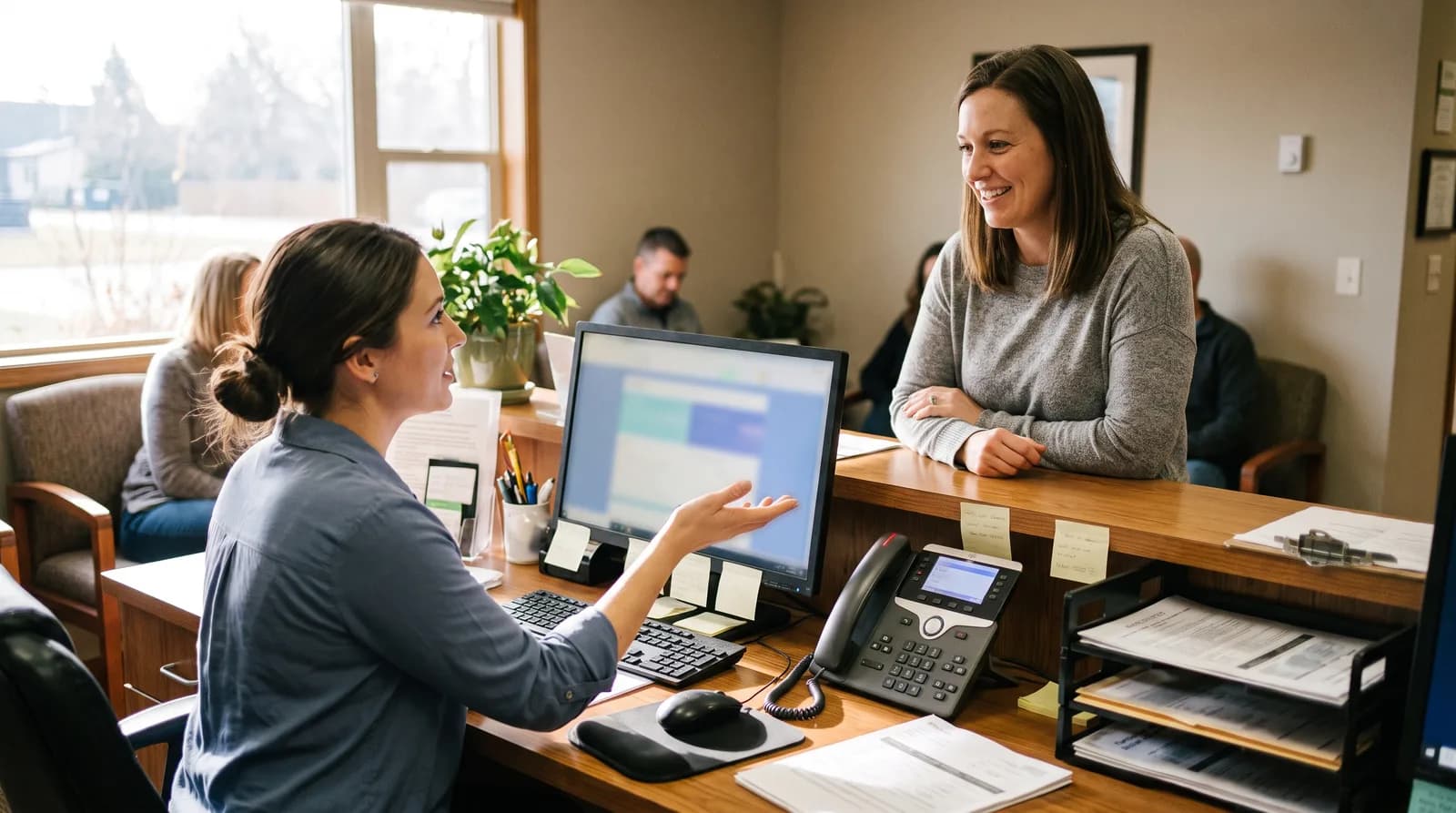 Dental receptionist helping a patient at the front desk while the phone goes unanswered, a common cause of missed dental calls