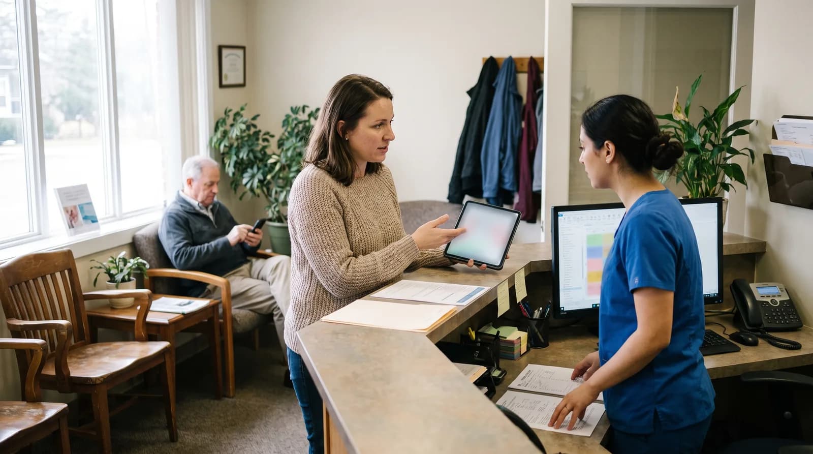 Patient checking in at a dental front desk, showing why my dentist uses an AI receptionist
