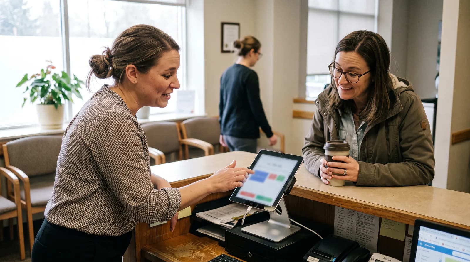 Dental office front desk with AI receptionist software answering phone calls while staff assist patients at check-in desk