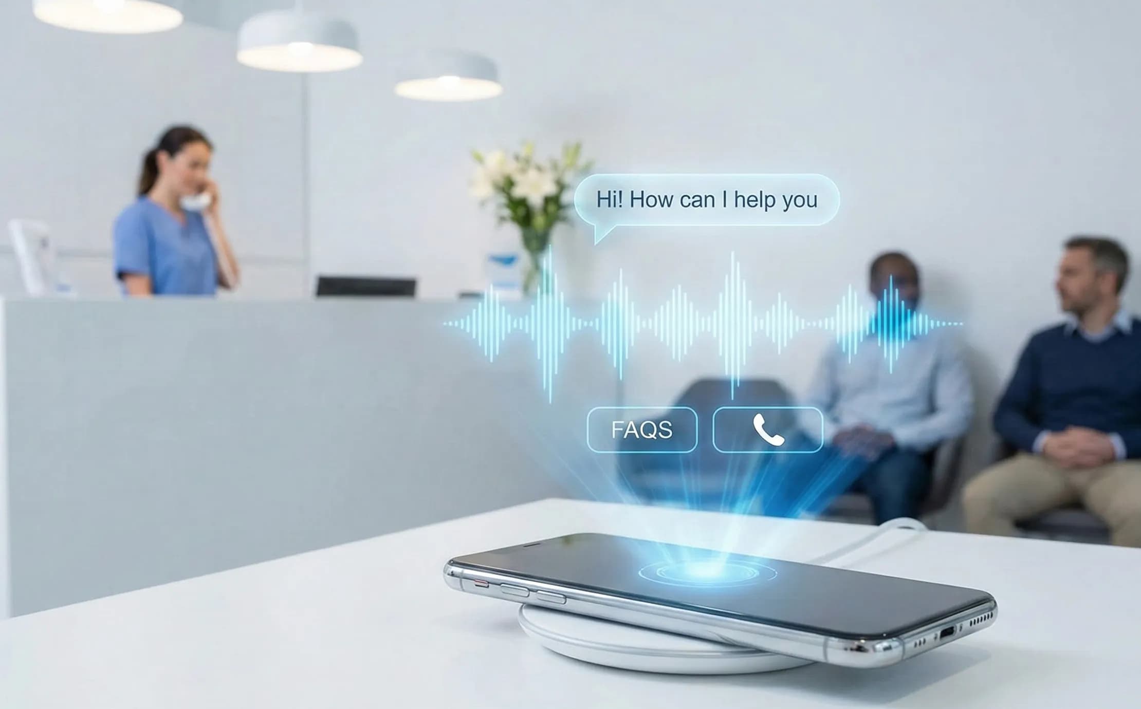 Dental office front desk where an AI receptionist interface answers calls while a hygienist assists a patient